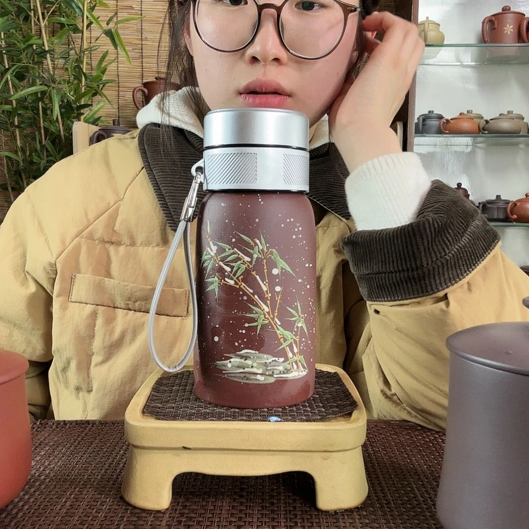 紫砂茶杯紫泥雪竹便携水杯子350CC