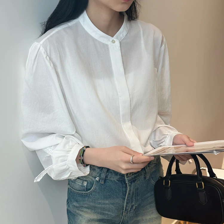 zuowooon左维8066衬衫女2025春季款圆领小众设计长袖宽松打底小衫