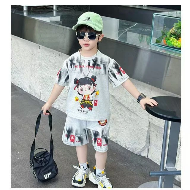 哪吒短袖短裤套装卡通半袖男女同款T恤两件套2025夏季新款珠地棉