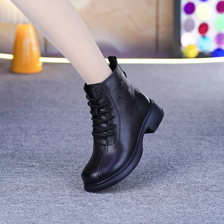 6315真皮马丁靴女秋冬新款头层牛皮软底软面加绒棉靴粗跟平底短靴