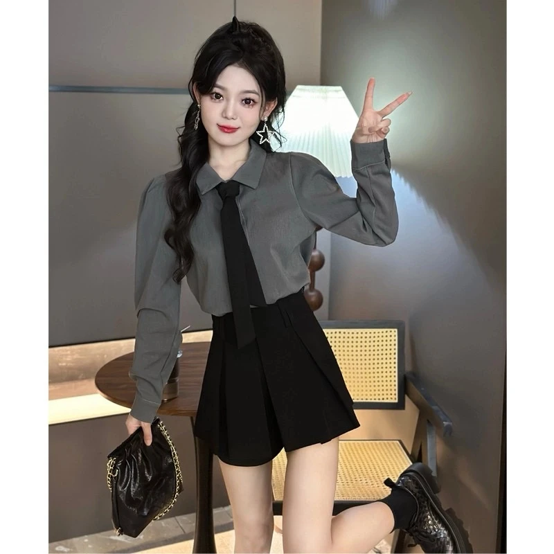 减龄搭配一整套装女冬装学院风领带泡泡袖衬衫半身裙小个子两件套