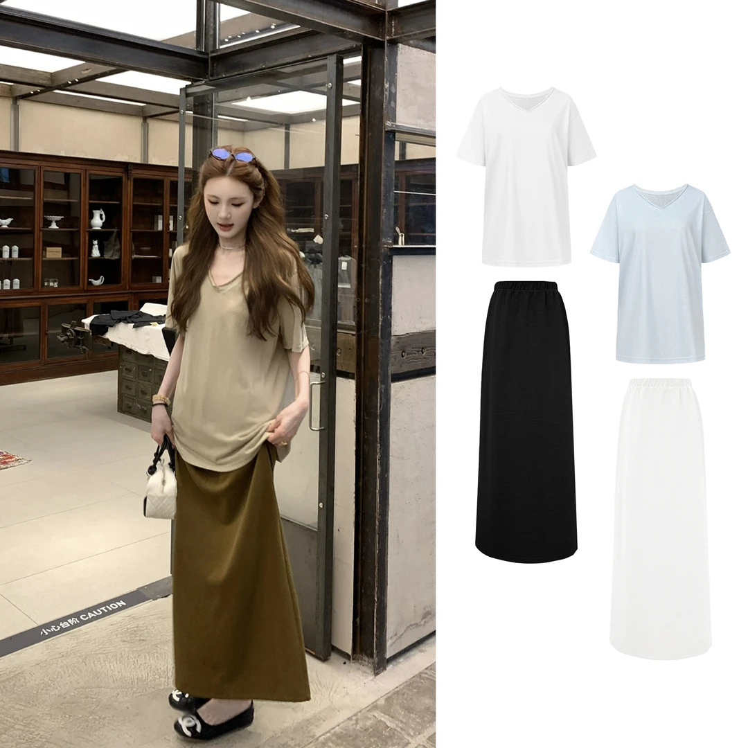 【松弛感天菜】三色V领大t恤百搭纯色短袖+超软奶皮裙C 8858#