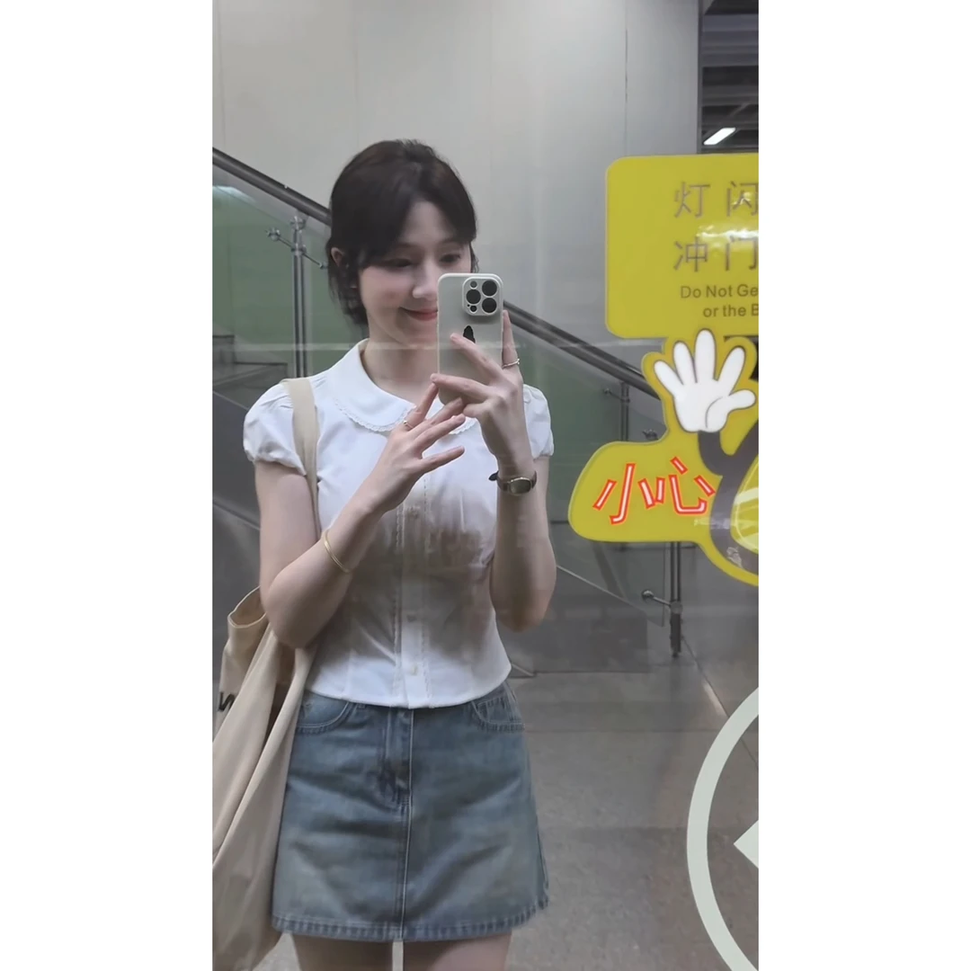 小个子娃娃领白色短袖衬衫女夏季2025新款泡泡袖短款法式上衣衬衣