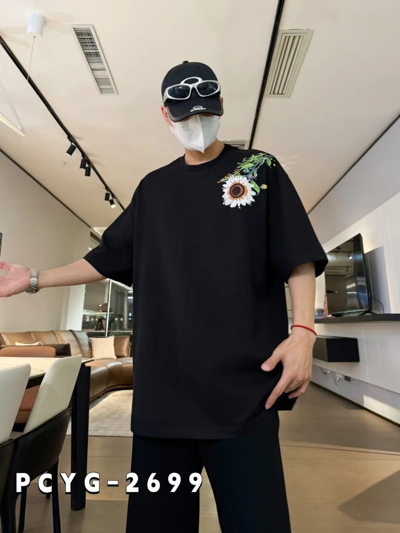 大码男装180斤-320斤潮牌重工刺绣变色向日葵短袖#2699