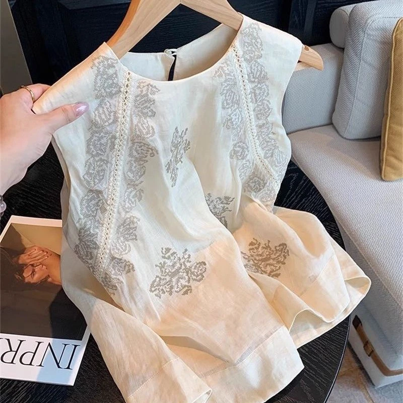 圆领背心无袖上衣女2025夏季新款小众高端复古超仙气质薄款衬衫