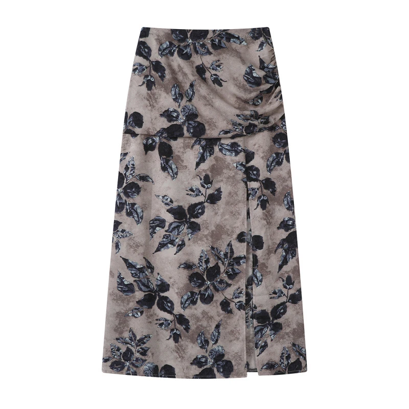 高腰褶皱碎花撞色印花遮胯半身裙2025春秋国风时尚地雷系法式长裙