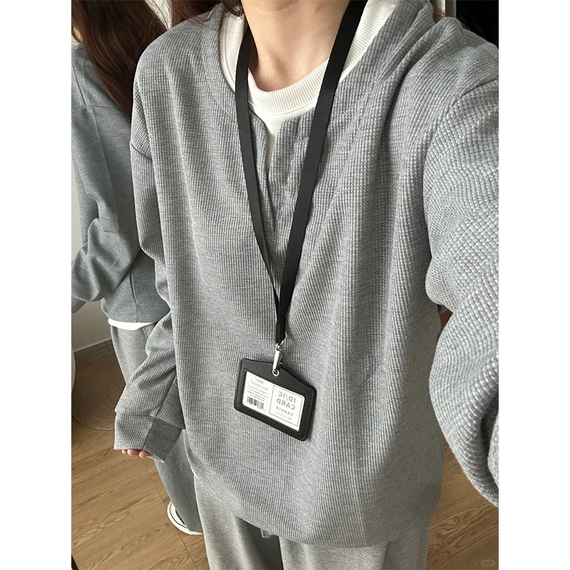 浅灰色华夫格假两件长袖t恤男秋季松弛感内搭打底衫宽松休闲上衣