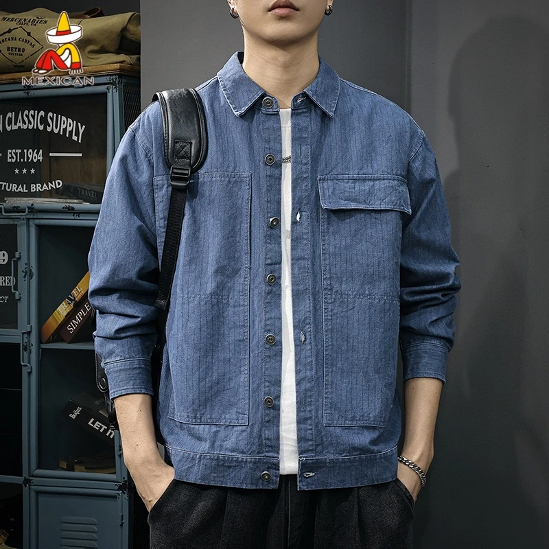 Mexican/稻草人美式条纹纯棉休闲外套男春季新款水洗宽松翻领夹克