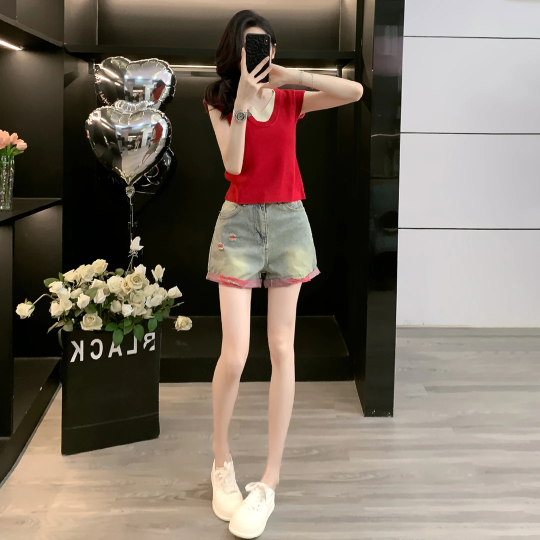 女夏简约时尚套装收腰显瘦V领撞色拼接短袖针织衫牛仔短裤两件套