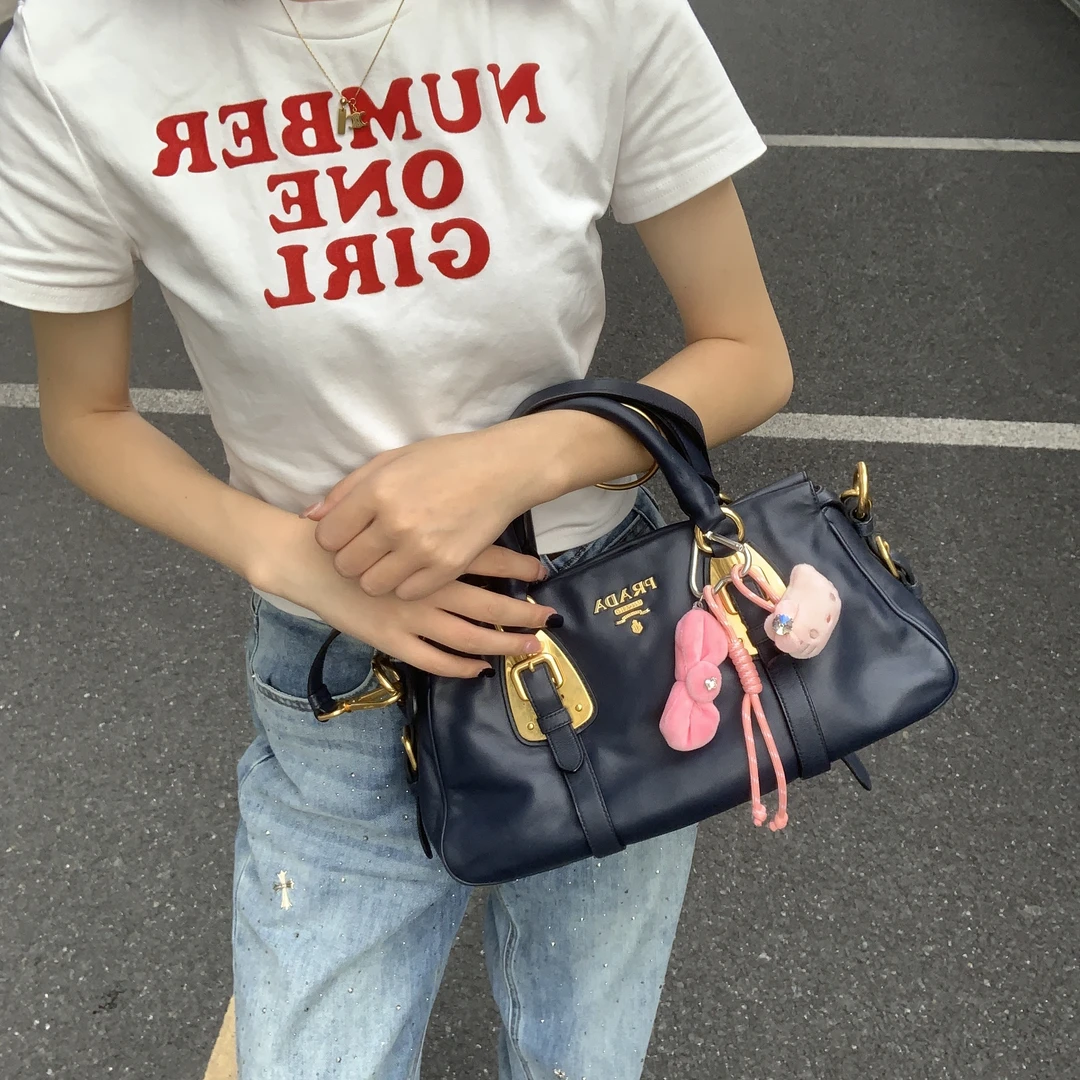 95新 Prada/普拉达 学院蓝中号保龄球有肩带