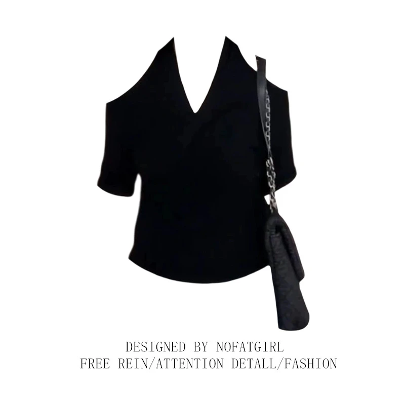 大码胖mm挂脖式露肩V领短袖T恤女夏季新款小众设计感修身别致上衣