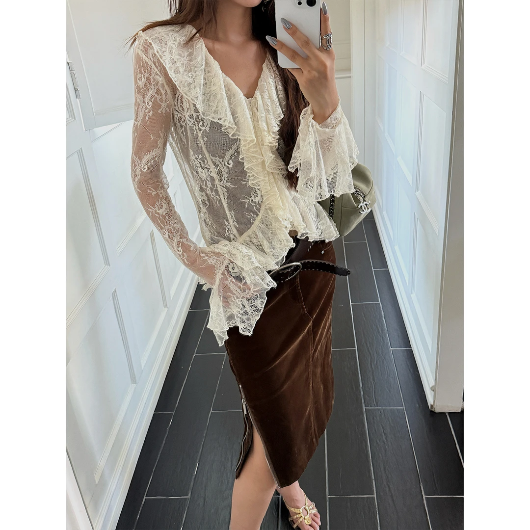 MAR 秋冬新款复古侧边拉链开衩A字植绒短款半身裙女676028