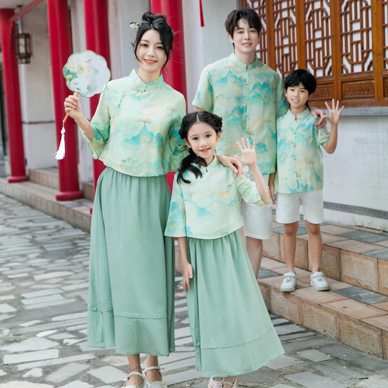 汉服国风亲子装夏装2025新款新中式一家三口四口母女夏季裙子套装