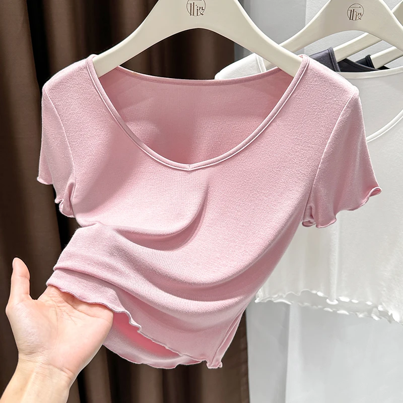 粉色短款针织短袖T恤女爆款2025新款夏季正肩内搭薄款打底衫上衣