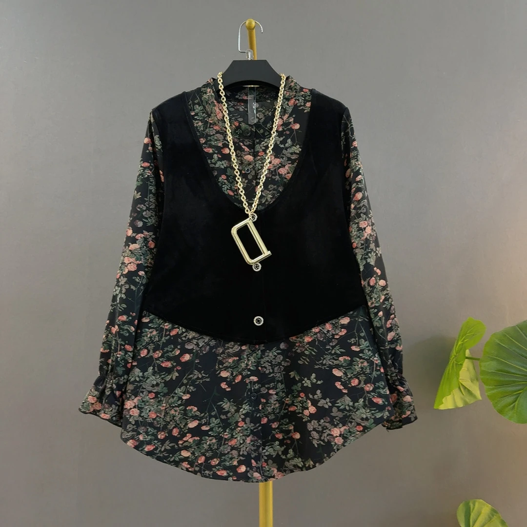 法式轻熟风新款圆领雪纺拼接丝绒宽松遮肉时尚大码女装内搭上衣