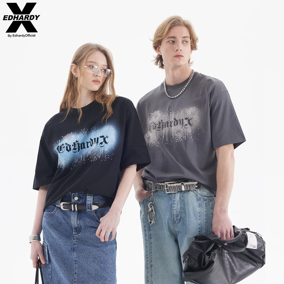 【李晨nic专属】EDHARDY X圆领落肩袖烫钻短袖T恤X1C1FA310016