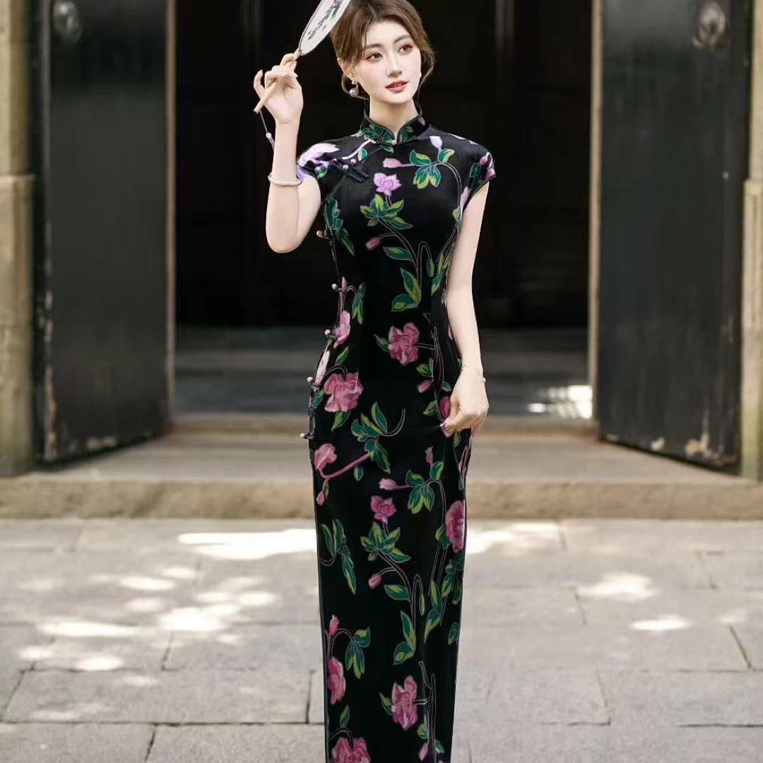 8772【花园】旗袍印花中长裙显瘦日常少女双层短袖长旗袍夏季
