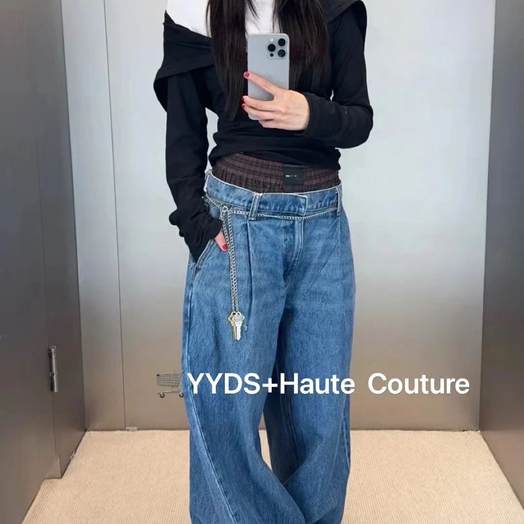 2025秋季新款复古拼接腰头深蓝女式宽松显瘦显腿长直筒阔腿牛仔裤