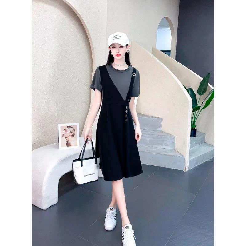 假两件纯色拼接夏季休闲风连衣裙长款休闲国潮新风宽松减龄