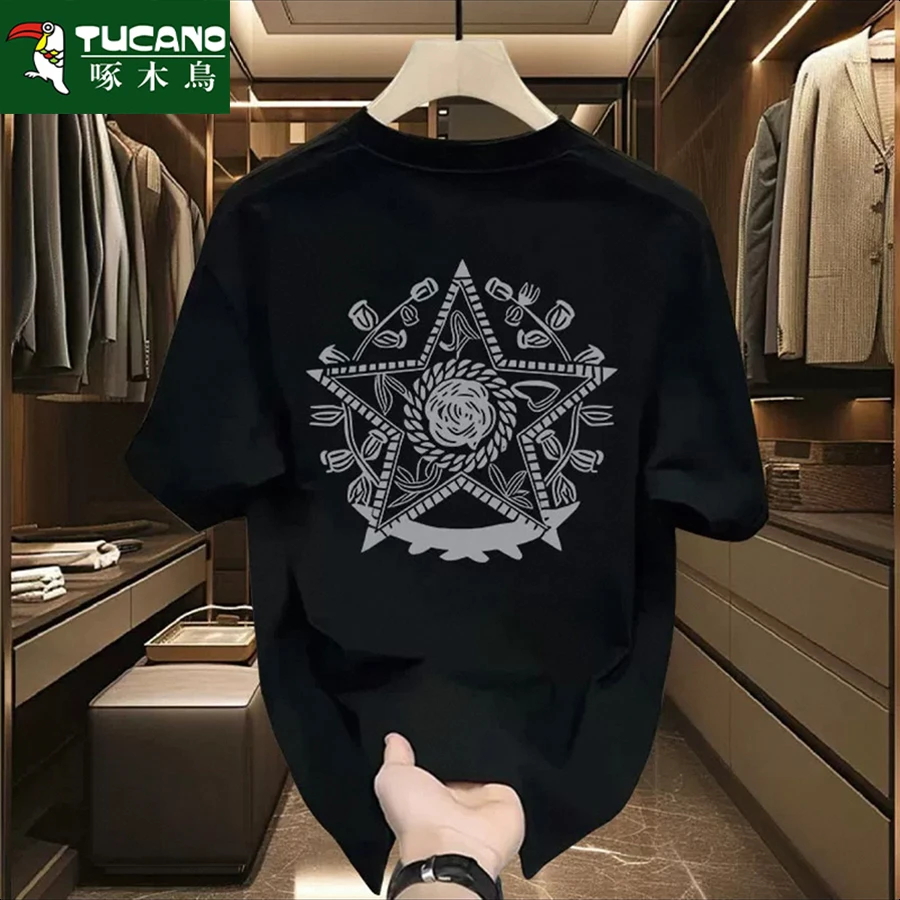 啄木鸟圆领民族风花型修身热转印印花韩版夏季休闲T恤情侣时尚ins