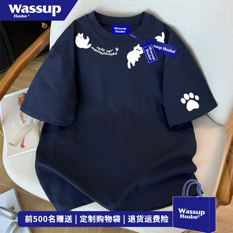 WASSUP HSUBE韩版原宿风卡通猫咪印花短袖T恤男夏季潮牌宽松上衣
