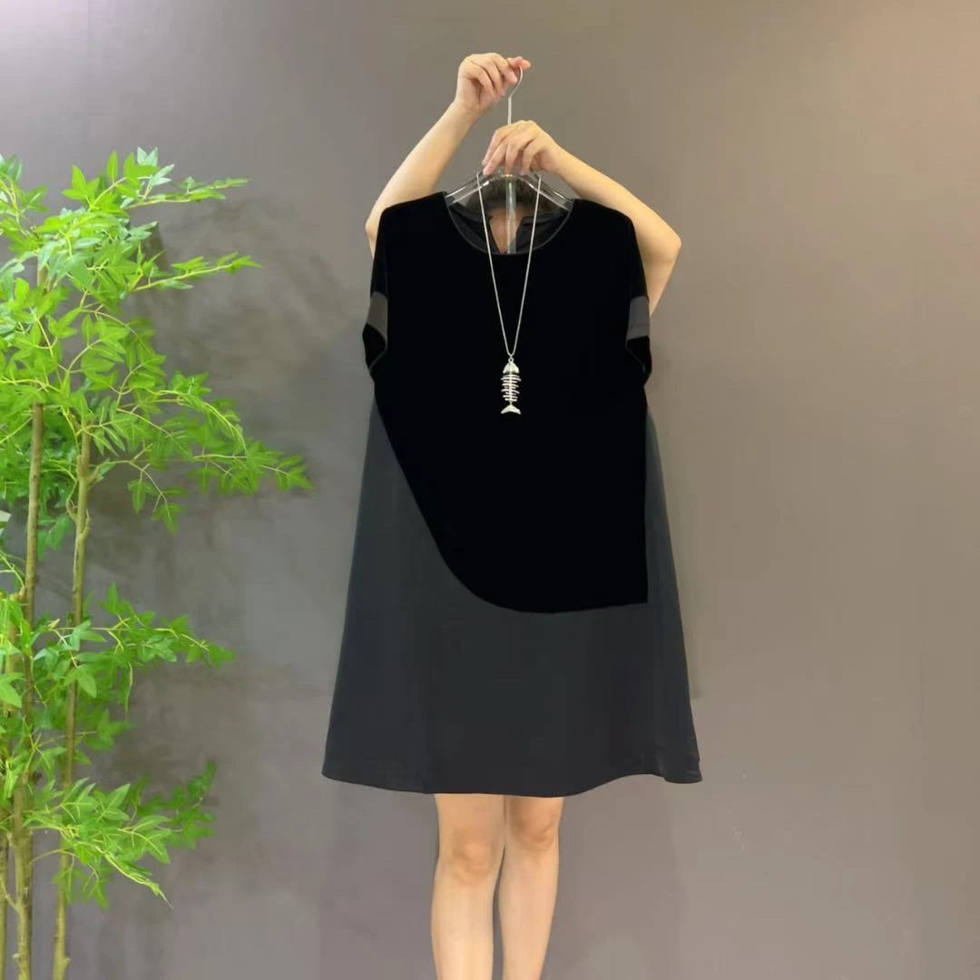 135早秋新款欧货圆领短袖丝绒拼接气质显瘦大码连衣裙