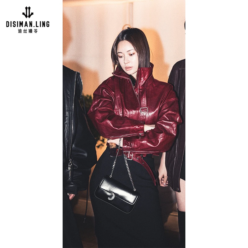 迪丝嫚苓红色皮外套时尚休闲百搭气质秋冬保暖潮流女士小众设计感