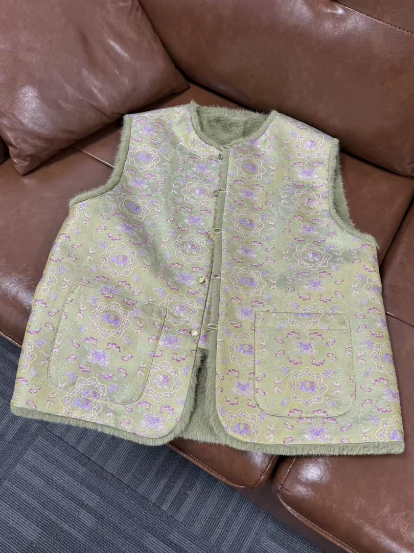 100%桑蚕丝螺钿宋锦拼接环保毛马甲