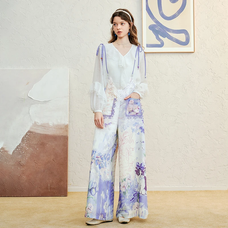 两三事花路之途甜美印花绑带背带裤休闲裤