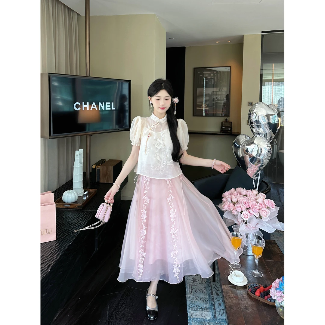 GA盈瓷 新中式气质半身裙女夏季复古刺绣国风长款裙子 24SS0190