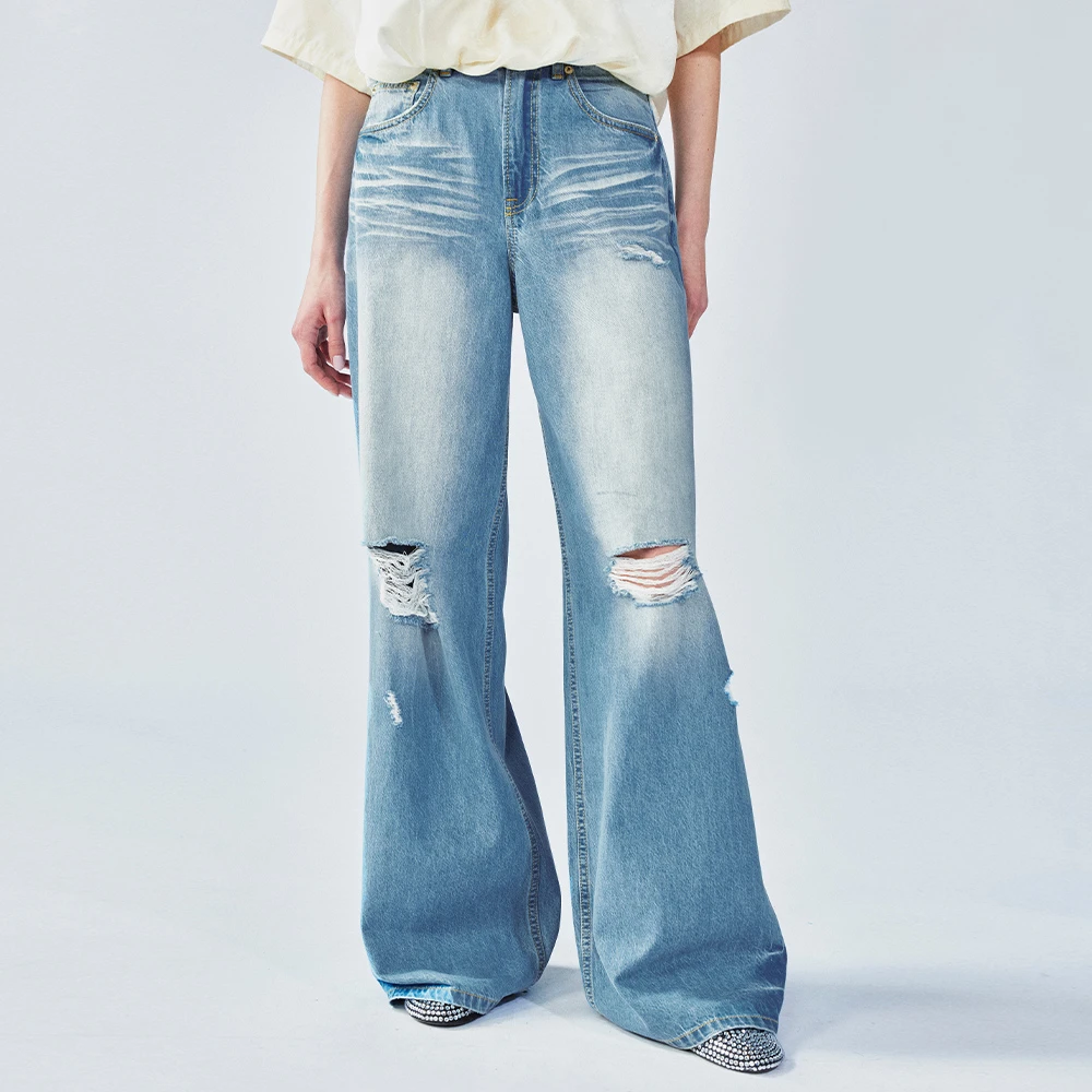 UOOYAA/乌丫2025夏季新款破洞直筒牛仔裤7152