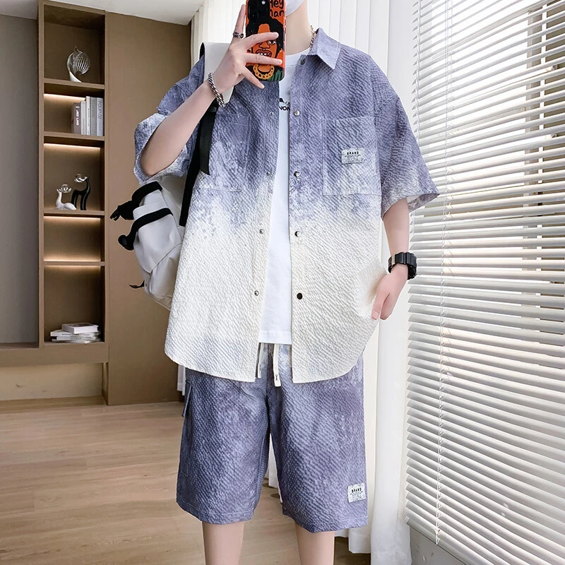 渐变色短袖衬衫男夏季半袖套装休闲百搭港风外套潮牌印花痞帅衬衣