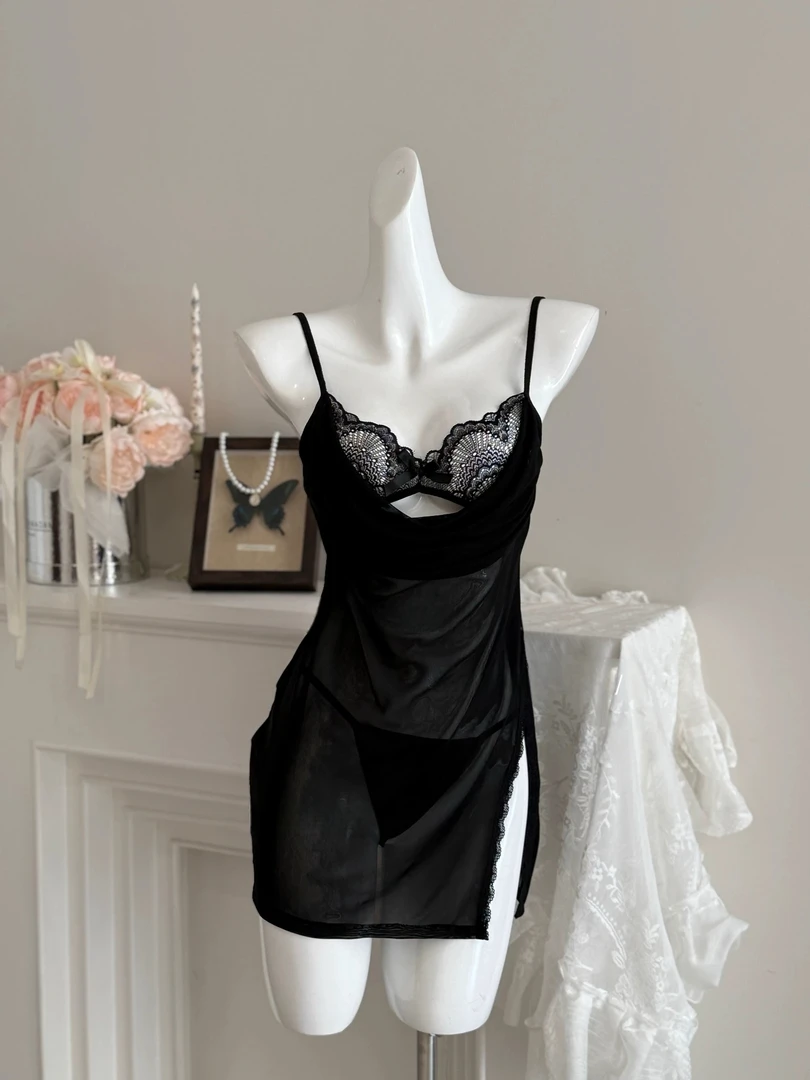 【今夜早回家 no退no换】 80-145斤 假两件蕾丝荡领睡裙