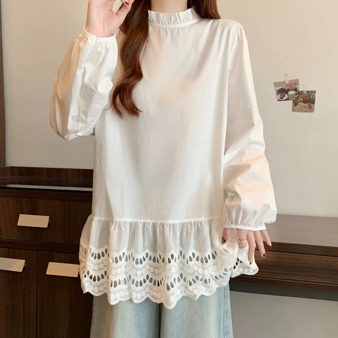 韩系镂空花边拼接长袖衬衫显瘦上衣