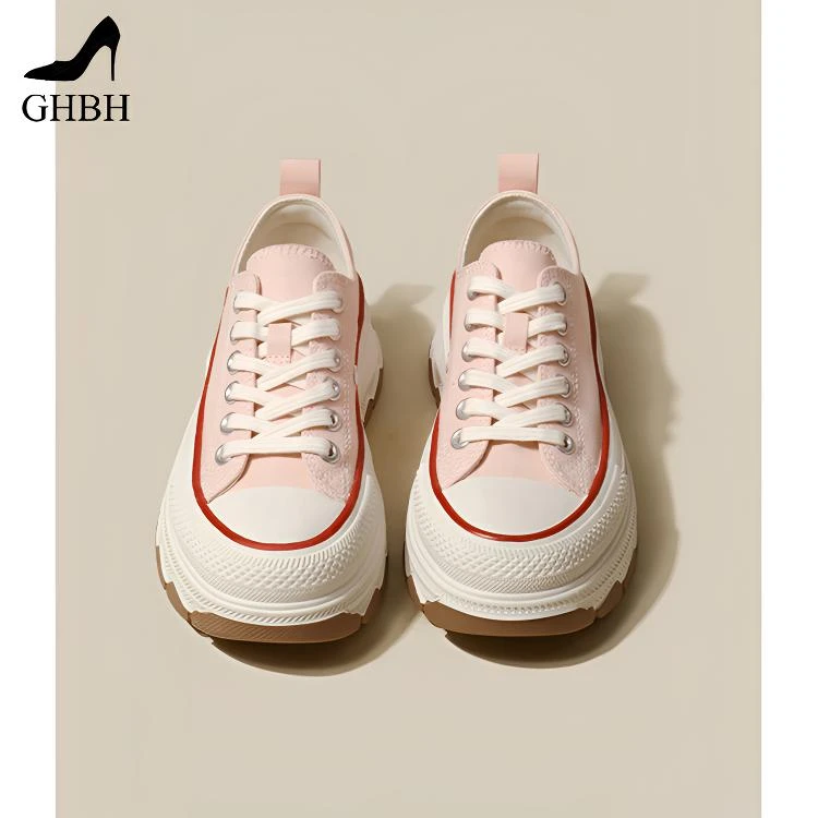 【GHBH】轻奢小众新款帆布鞋舒适厚底单鞋女粉色低帮系带休闲板鞋潮