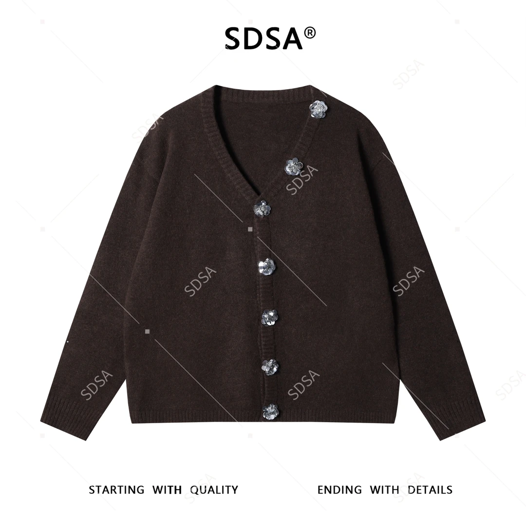 SDSA男士秋冬新款痞帅男装潮牌针织衫V领立体花朵装饰开衫毛衣
