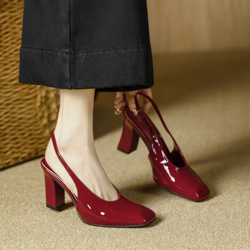 2025新款通勤百搭玛丽珍方头粗跟高跟单鞋后空夏天穿裙子专用鞋子