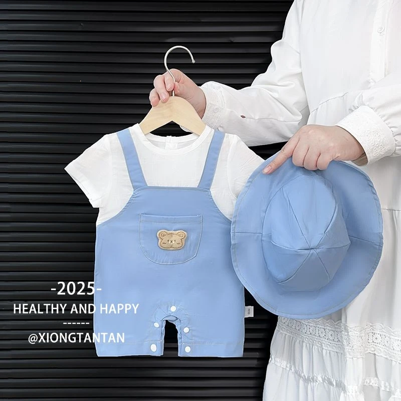 婴幼儿夏季薄款短袖外出连体哈衣男宝宝可爱超萌两件套背带裤爬服