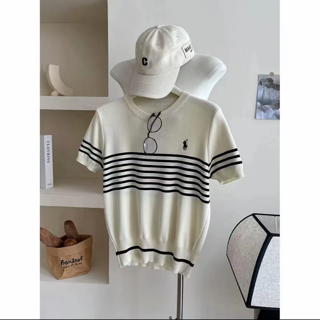 老钱风穿搭夏季清凉感短袖条纹针织衫经典款刺绣上衣百搭休闲