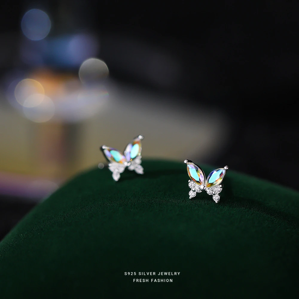 925银耳饰 s925纯银彩色锆石蝴蝶耳钉女七彩超闪小仙女几何形耳饰