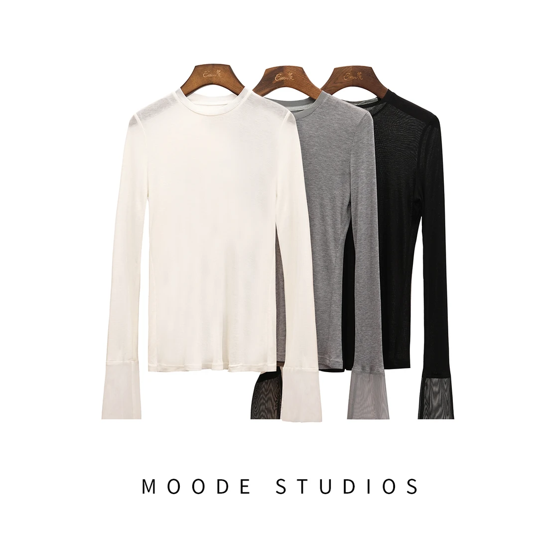 MODEHOOD伊凡【云容】2025秋装天丝羊毛领口拼网纱百搭修身长袖T恤