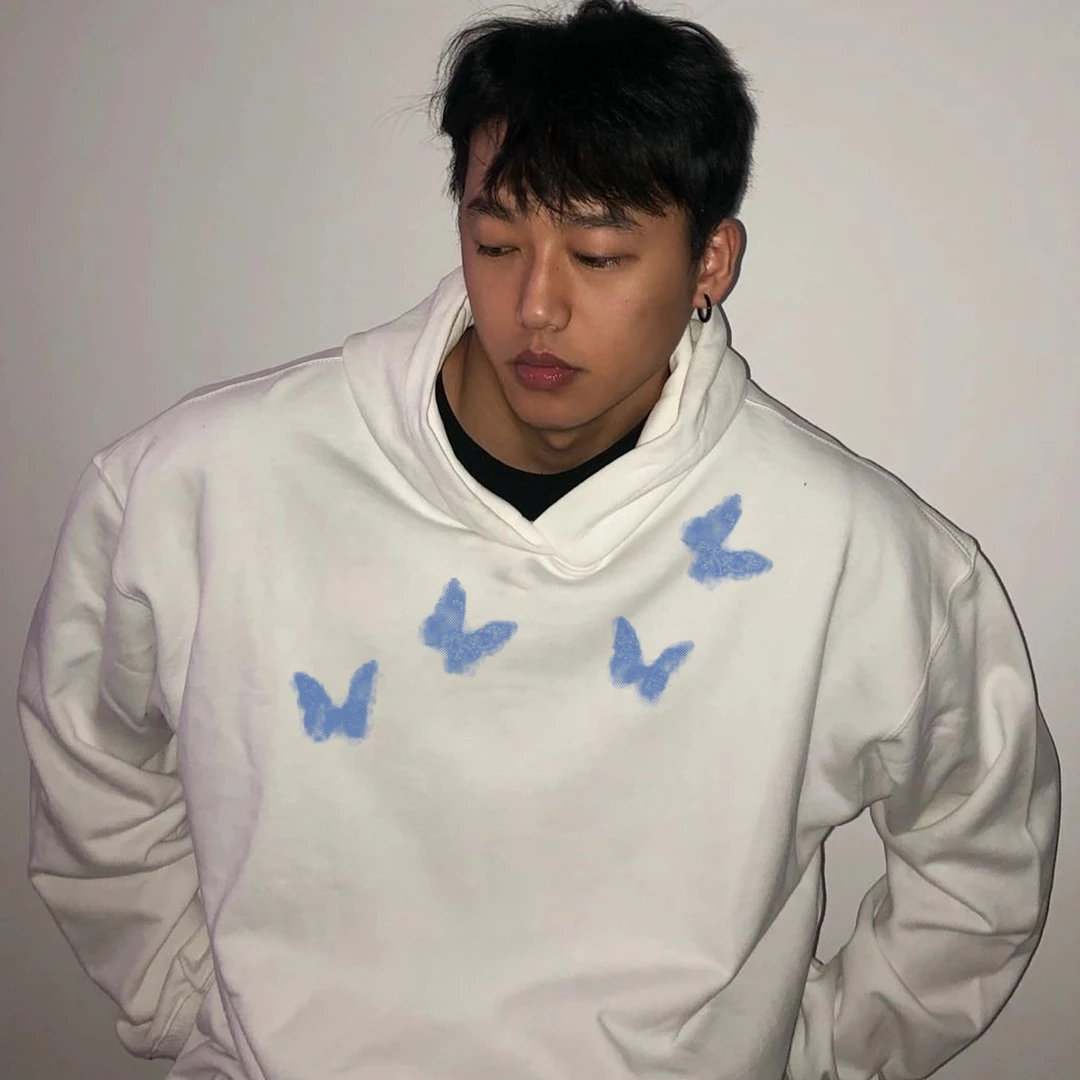 HIP潮牌蝴蝶印花连帽卫衣白色秋冬少年感情侣款宽松大码重磅上衣