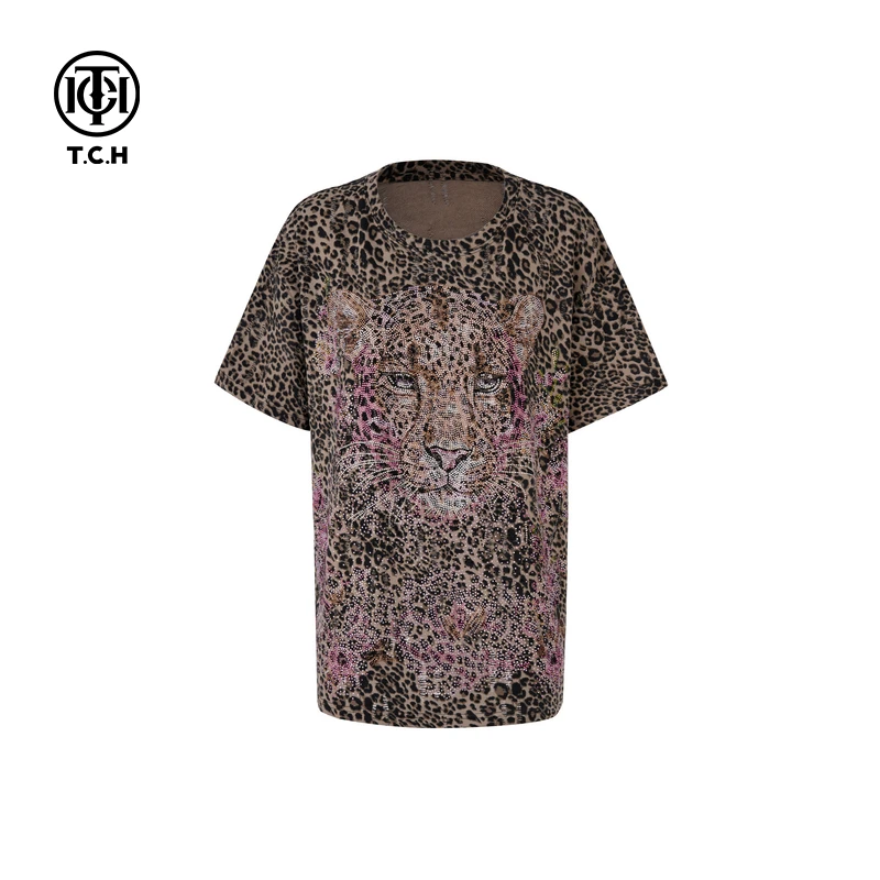 TCH轻奢烫钻工艺时尚休闲百搭豹纹气质T恤女T75A10E1008私服tch