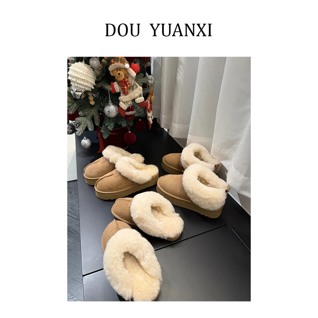 窦元囍【小羊拖】意大利‘洛莱’皮毛一体雪地靴平底拖增高版毛毛拖鞋