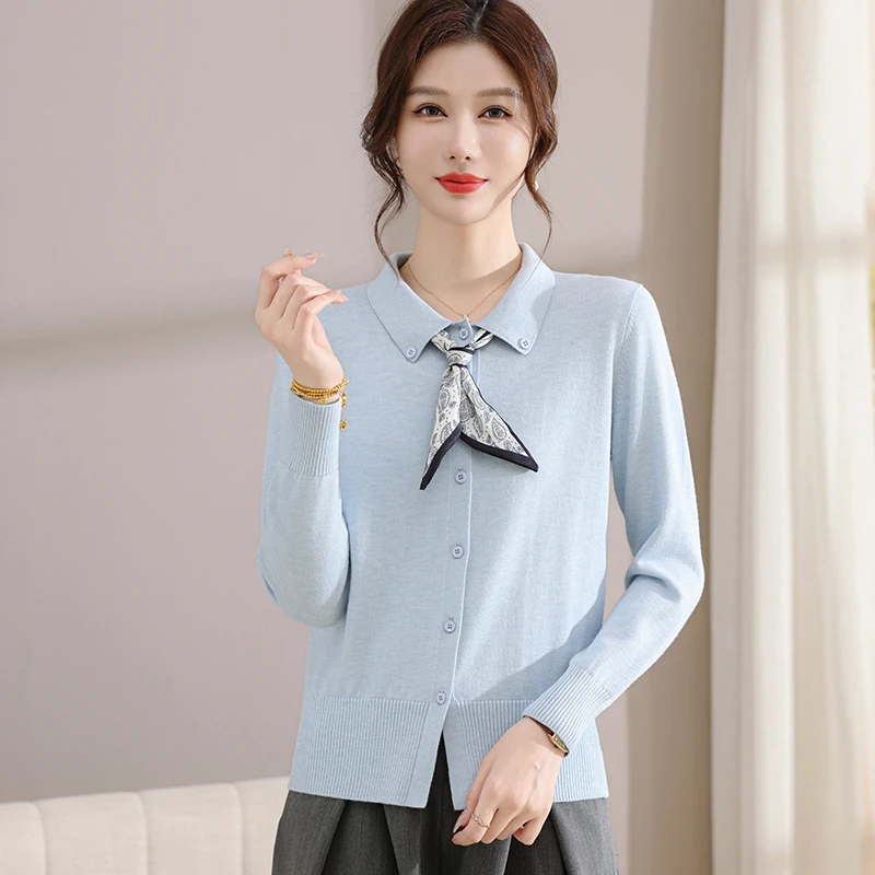 【送丝巾】年轻妈妈装秋款针织衫羊毛翻领开衫新款气质减龄针织毛衣