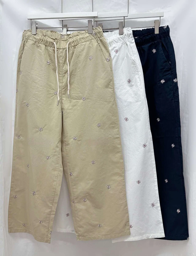 月花洞韩国#S87刺绣薄休闲裤松紧腰显瘦百搭时尚薄cm