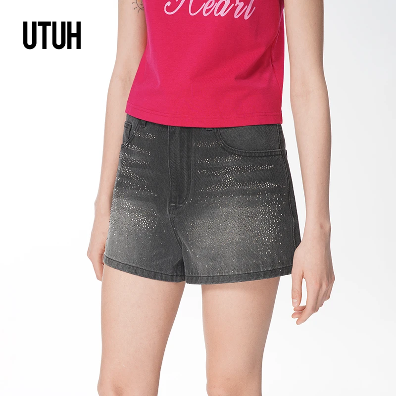 UTUH 黑色猫须烫钻百搭A字高腰牛仔短裤女2025春夏新款TDWWS1D046