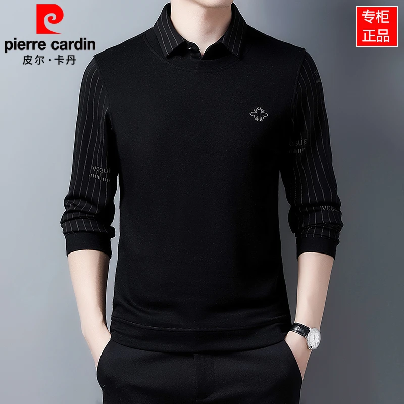 皮尔卡丹高档男士衬衫领假两件春秋季新款长袖轻奢时尚帅气POLO衫