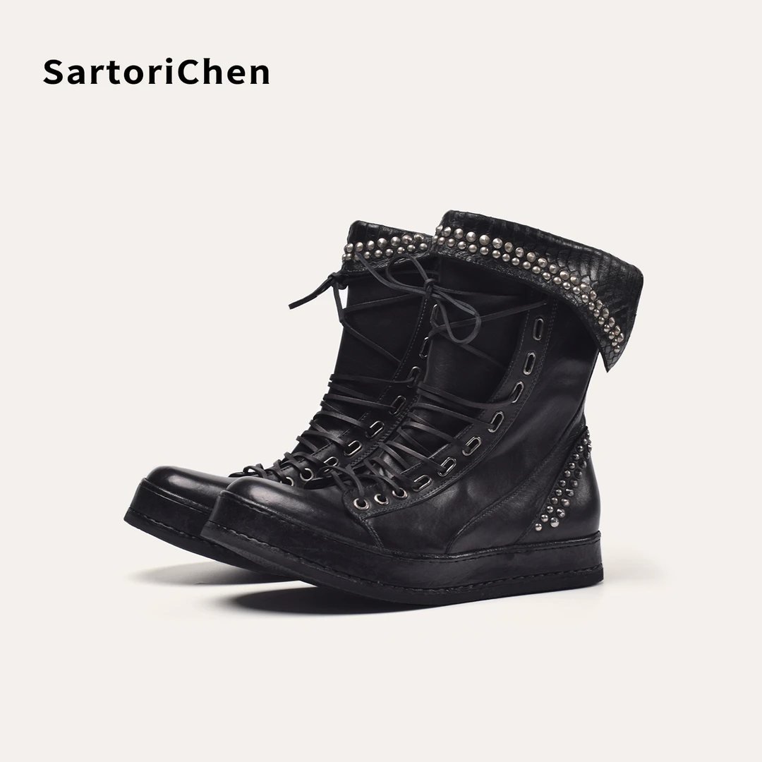 SartoriChen男靴纯手工缝制马丁靴水洗马皮英伦复古潮流高帮皮靴