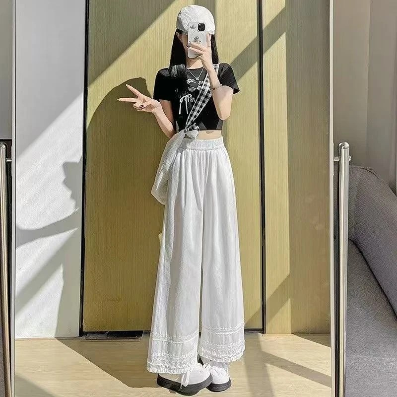 蕾丝花边勾花阔腿九分裤女2025新款宽松薄款小个子防晒休闲裤